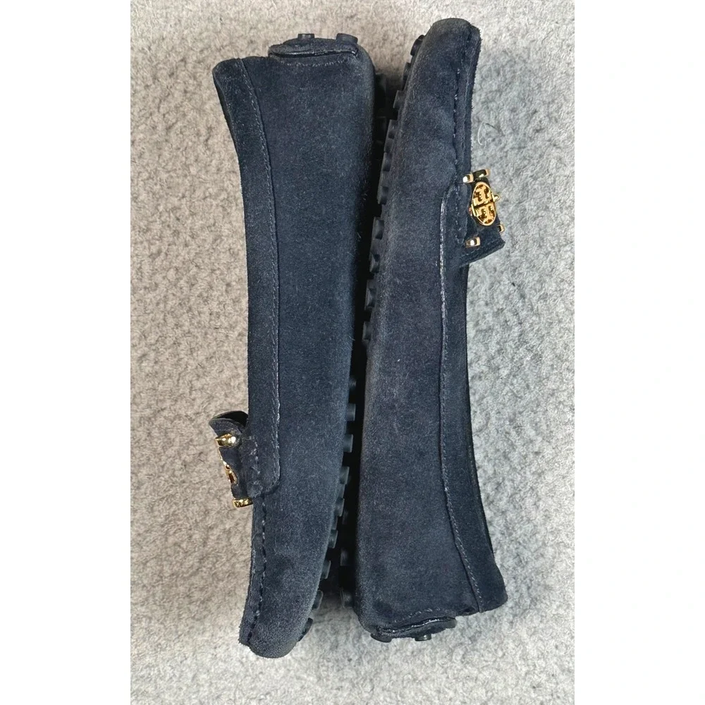 Tory Burch Driving Loafers Women's 7M Navy Suede Gold Logo Moccasin Flats